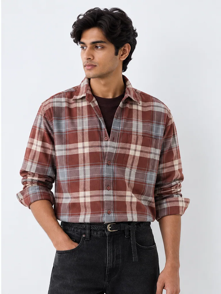 Rust check shirt fashion look on Indian-looking model
