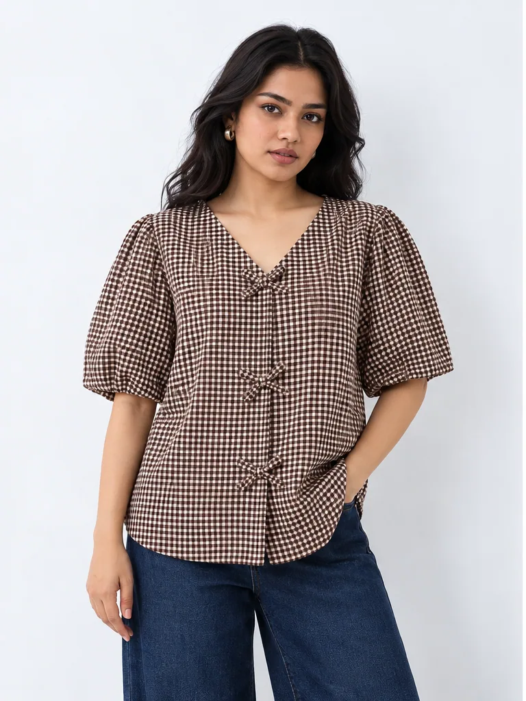 Brown gingham blouse fashion look on Indian-looking model